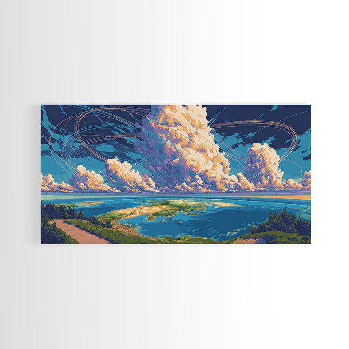 Cloudy Coastal Lagoon Wall Art, Modern Landscape Canvas Print, Blue Tropical Travel Poster, Scenic Lake House Decor Gift