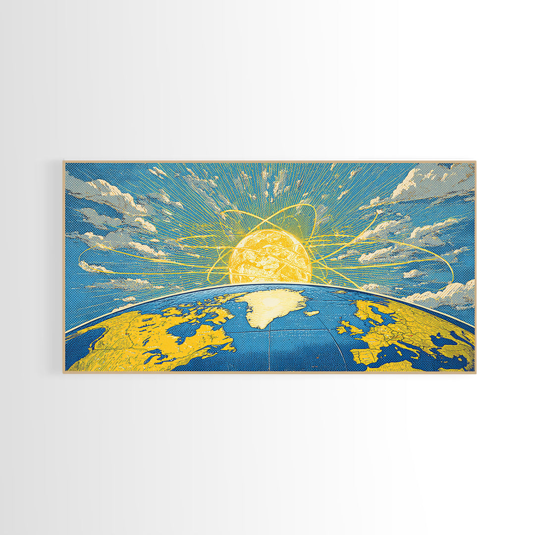 Atomic Earth Sunrise Wall Art, Blue Yellow Retro Science Poster, Mid Century Modern Space Decor, Celestial Canvas Print Gift