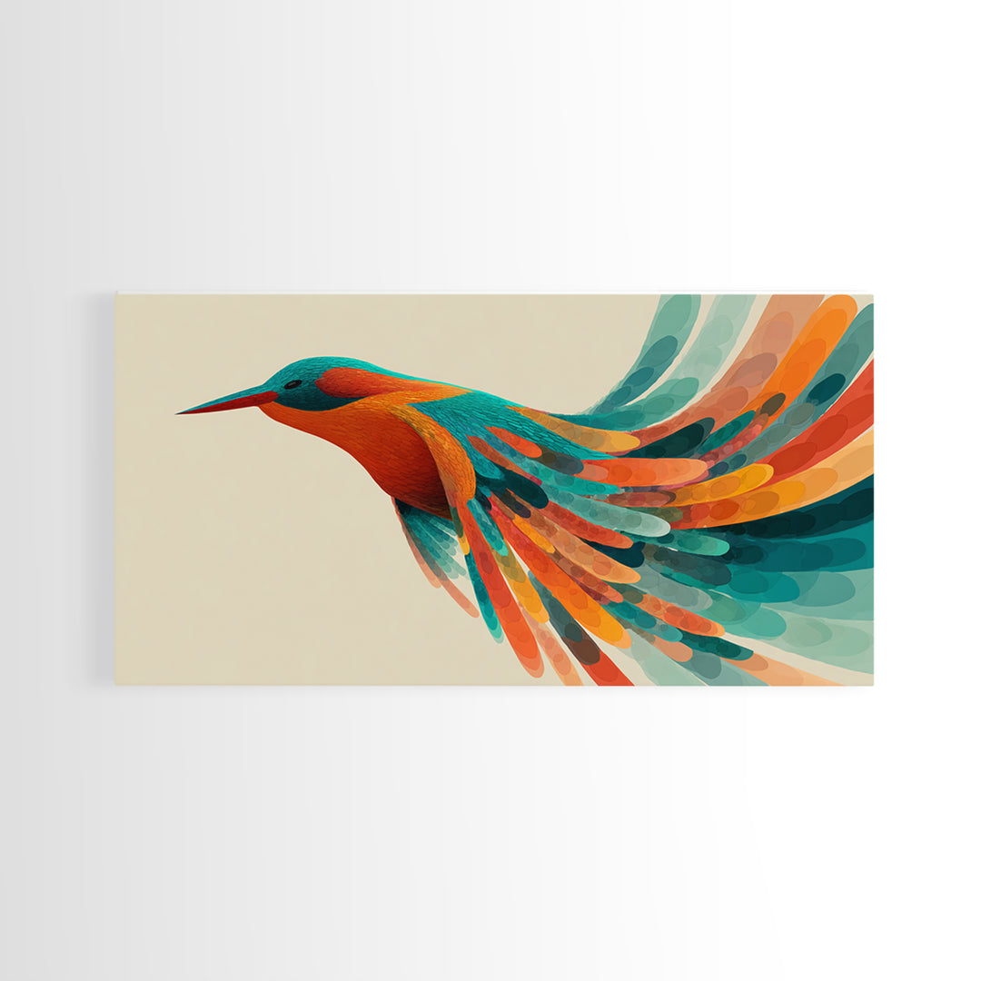 Colorful Hummingbird In Flight Canvas Print, Midcentury Modern Bird Art, Tropical Nature Decor, Vibrant Living Room Wall Art