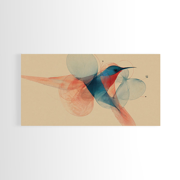 Abstract Hummingbird With Circle Forms Wall Art, Midcentury Modern Bird Print, Geometric Nature Decor, Teal Coral Art Print