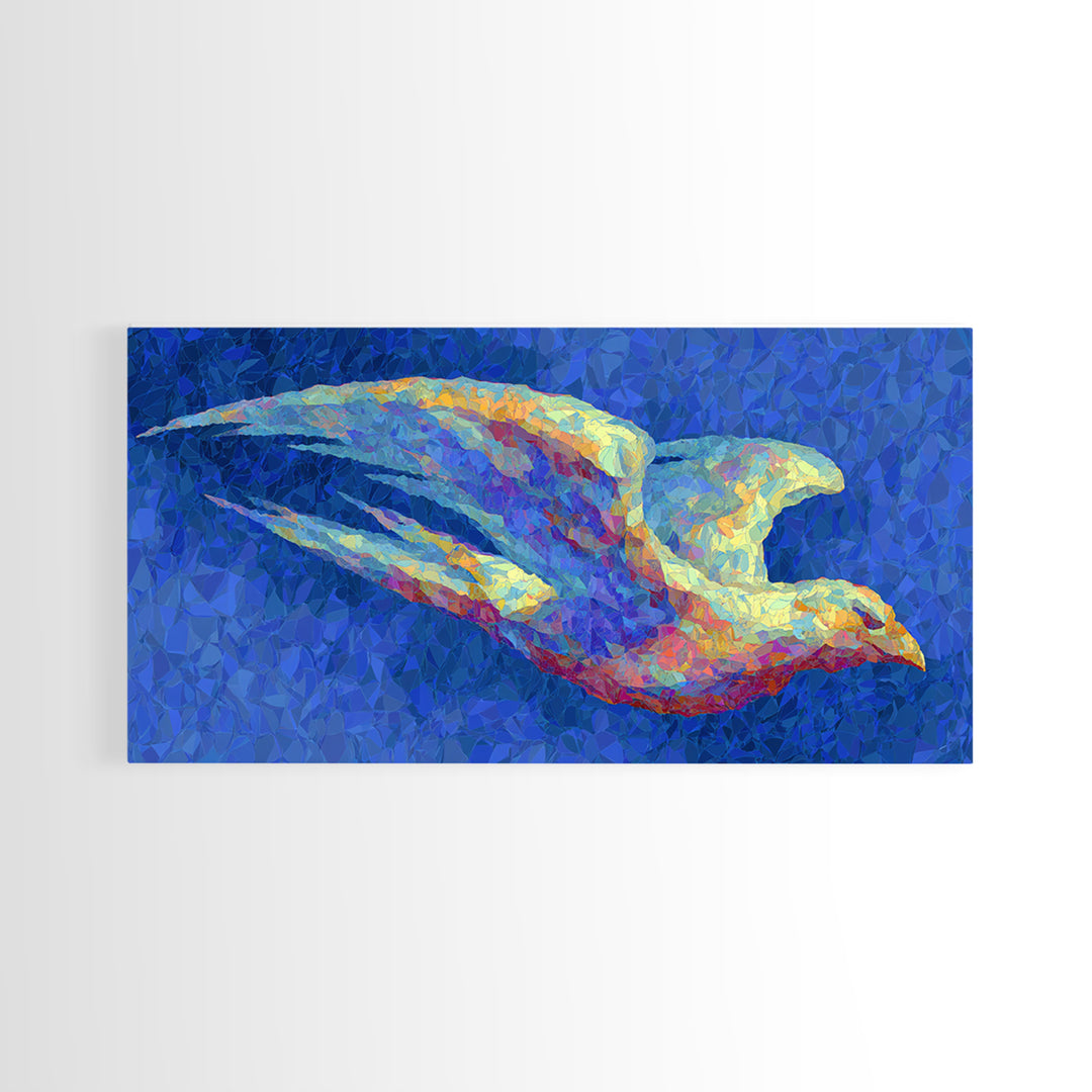 Blue Mosaic Bird In Flight Framed Canvas Print, Modern Abstract Wildlife Art, Colorful Nature Decor, Bold Living Room Wall Art