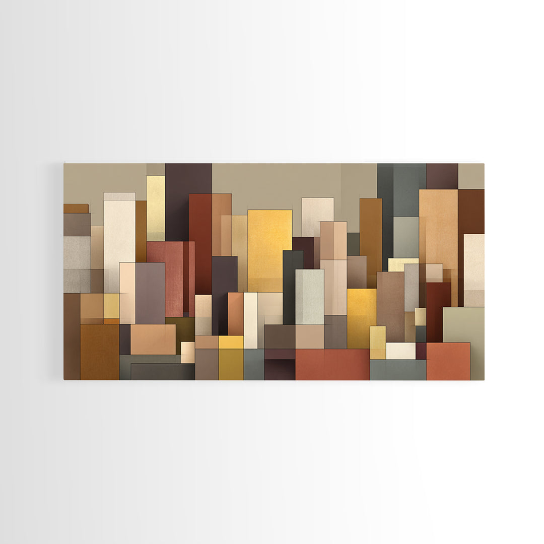 Earth Tone Geometric City Wall Art, Modern Abstract Skyline Print, Midcentury Decor, Neutral Brown Living Room Art Print