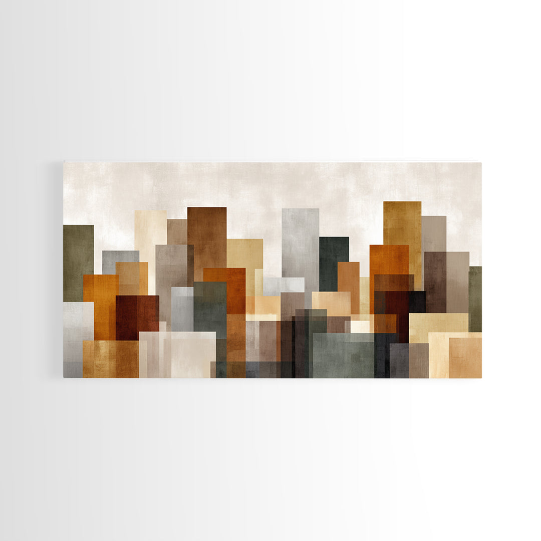Transparent Abstract Skyline Canvas Print, Modern Geometric City Wall Art, Warm Neutral Decor, Contemporary Living Room Art