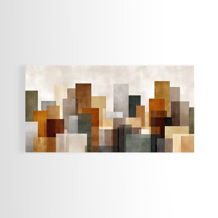 Transparent Abstract Skyline Canvas Print, Modern Geometric City Wall Art, Warm Neutral Decor, Contemporary Living Room Art