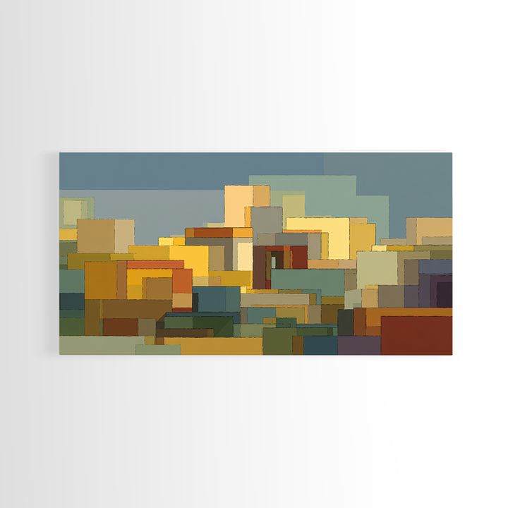 Abstract City Blocks In Muted Teal And Ochre Wall Art, Mid Century Modern Print, Geometric Home Decor, Living Room Artwork