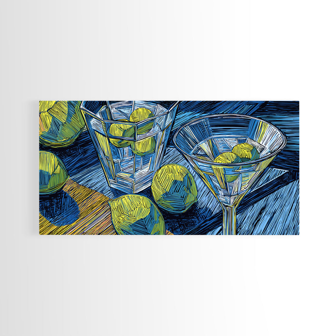 Blue Linocut Martini Glasses With Limes Canvas Print, Retro Cocktail Wall Decor, Bar Cart Art Print, Kitchen Poster Gift