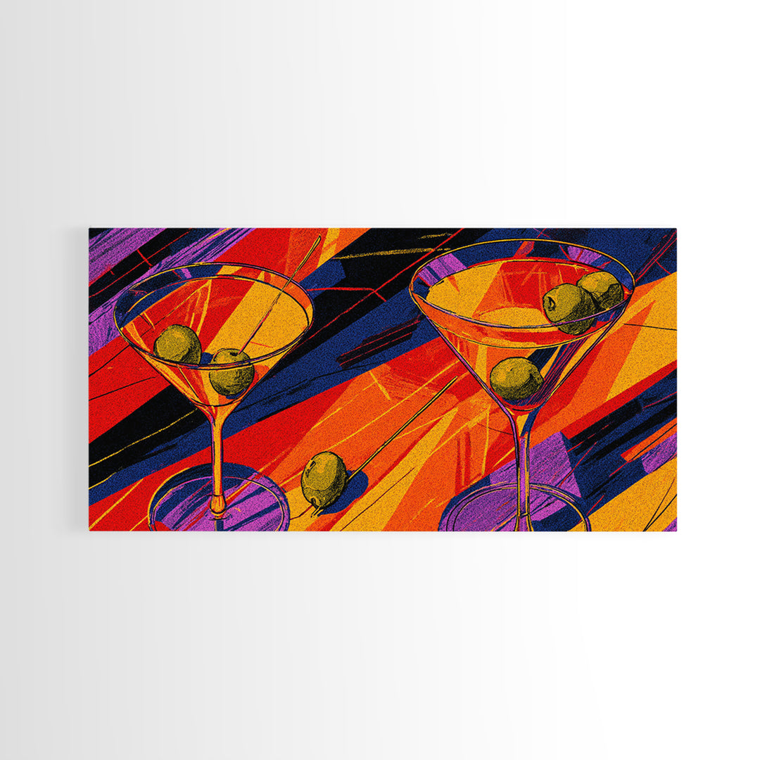 Bold Pop Art Martini Glasses With Olives Canvas Print, Retro Cocktail Poster, Colorful Bar Cart Decor, Modern Kitchen Wall Art