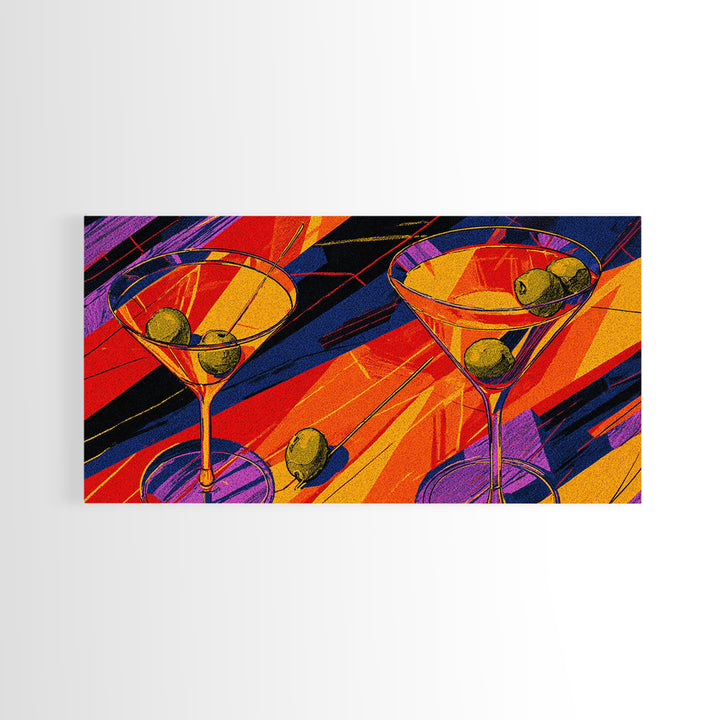 Bold Pop Art Martini Glasses With Olives Canvas Print, Retro Cocktail Poster, Colorful Bar Cart Decor, Modern Kitchen Wall Art