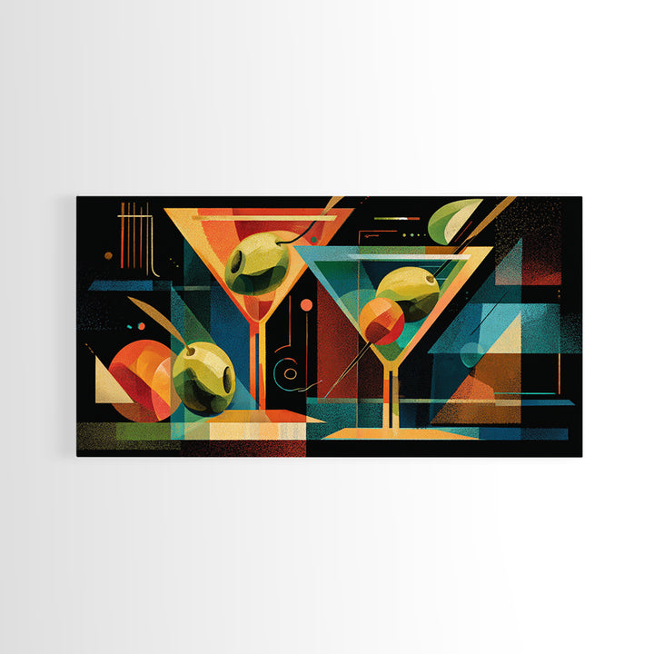 Bauhaus Martini Glasses And Green Olives Framed Canvas Print, Mid Century Modern Bar Wall Decor, Atomic Cocktail Art Print