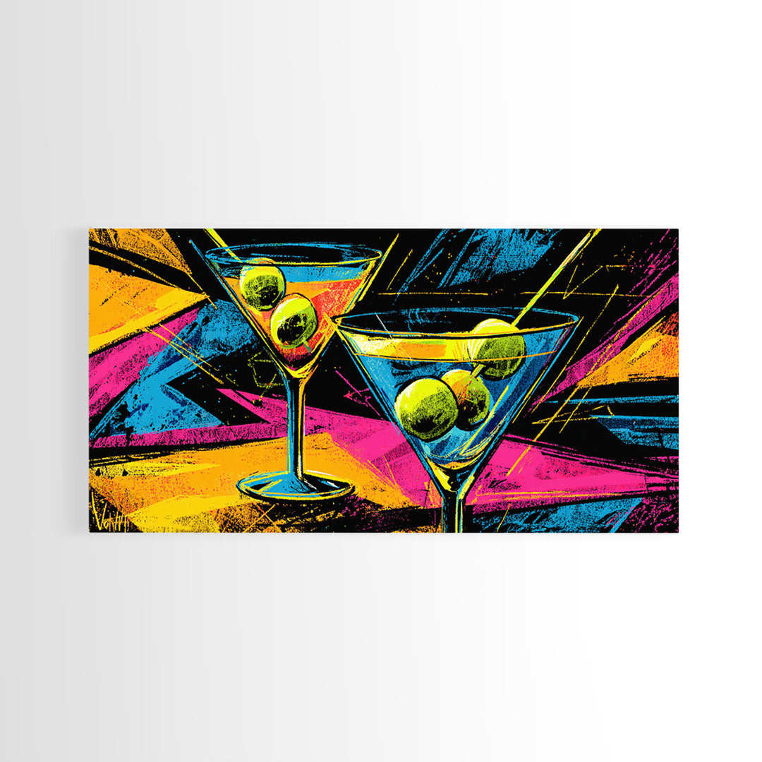 Neon Martini Glasses With Olives Canvas Print, Retro Bar Art, Vibrant Cocktail Poster, Funky Wall Decor For Kitchen Lounge