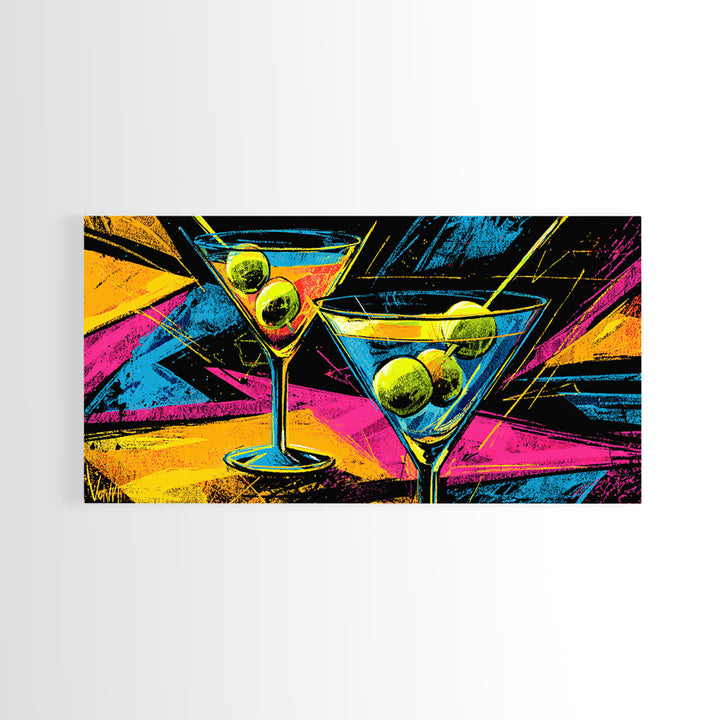 Neon Martini Glasses With Olives Canvas Print, Retro Bar Art, Vibrant Cocktail Poster, Funky Wall Decor For Kitchen Lounge
