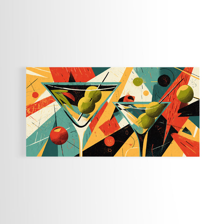 Retro Martini Glasses With Olives And Oranges Wall Art, Midcentury Modern Cocktail Poster, Atomic Bar Decor, Kitchen Art Print