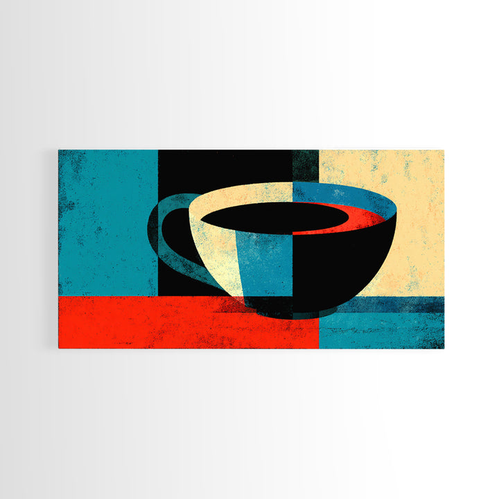 Modern Abstract Coffee Cup In Teal And Red Wall Art, Mid Century Kitchen Decor, Minimalist Coffee Poster, Bold Geometric Print