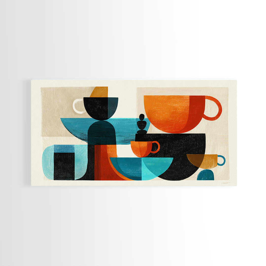 Geometric Coffee Cups Still Life Canvas Print, Midcentury Modern Kitchen Decor, Retro Cafe Wall Art, Teal Orange MCM Poster