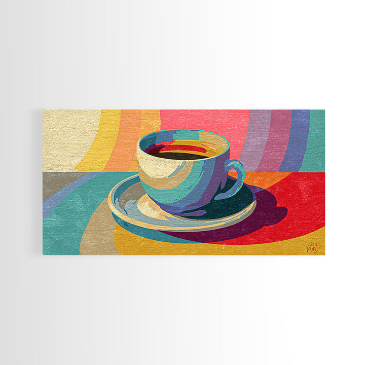 Rainbow Coffee Cup And Saucer Canvas Print, Retro Kitchen Wall Art, Colorful Midcentury Poster, Bright Cafe Home Decor Print