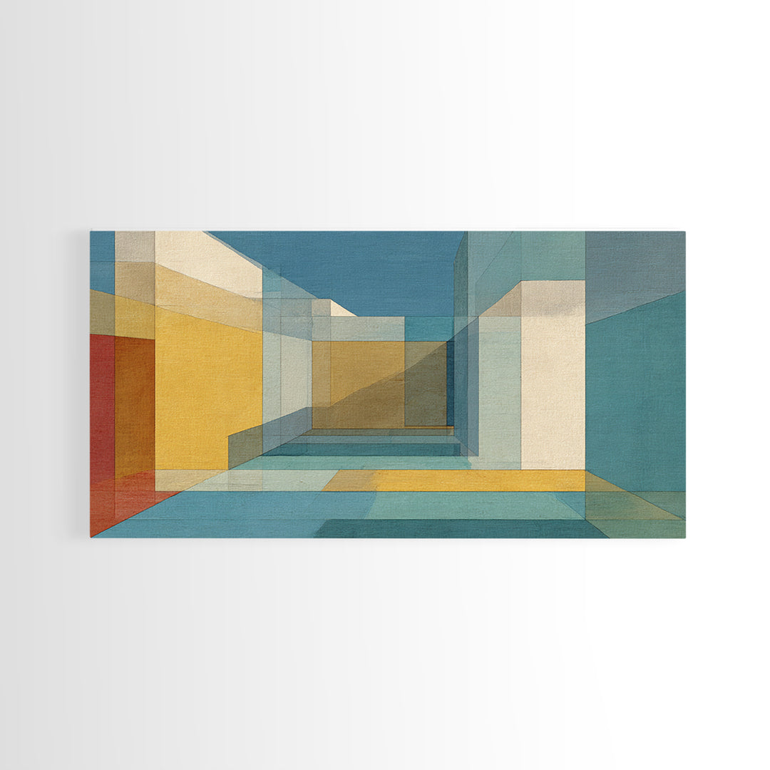 Abstract Desert Passage Wall Art, Geometric Architecture Canvas Print, Midcentury Modern Decor, Teal Gold Perspective Poster