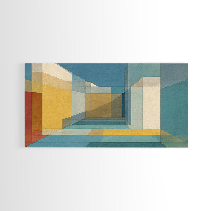 Abstract Desert Passage Wall Art, Geometric Architecture Canvas Print, Midcentury Modern Decor, Teal Gold Perspective Poster