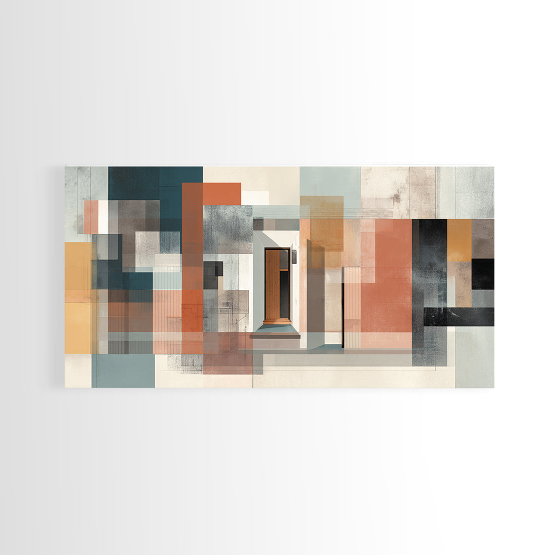 Abstract Doorway Facade Canvas Print, Bauhaus Architecture Wall Art, Midcentury Modern Decor, Rust Teal Office Poster Print