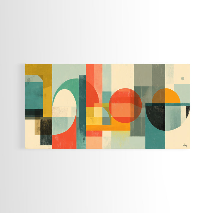 Retro Geometric Shapes Wall Art, Midcentury Modern Canvas Print, Abstract Circles Arches, Teal Orange Mustard Home Decor
