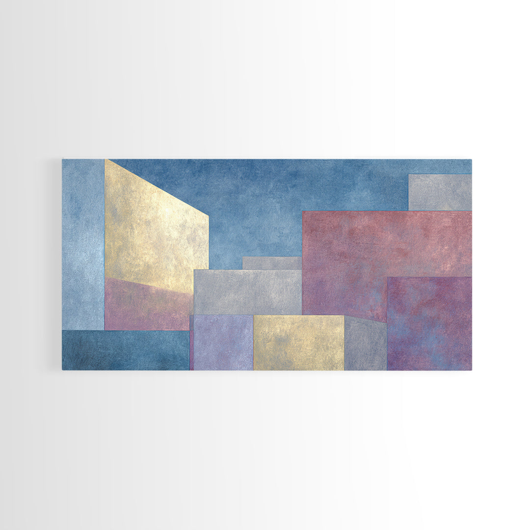 Pastel Architectural Blocks Wall Art, Minimal Geometric Modern Decor, Blue Purple Abstract Framed Canvas Print For Office