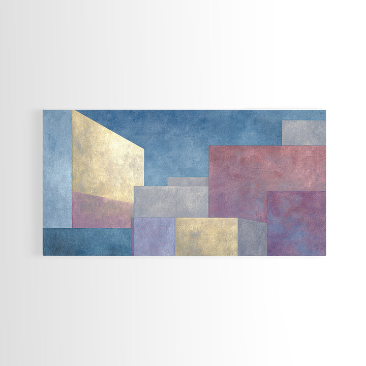 Pastel Architectural Blocks Wall Art, Minimal Geometric Modern Decor, Blue Purple Abstract Framed Canvas Print For Office