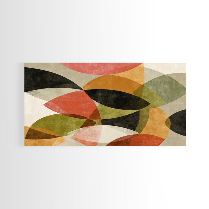 Layered Olive Red And Orange Abstract Leaves Wall Art, Midcentury Modern Art Print, Retro Geometric Decor For Living Room