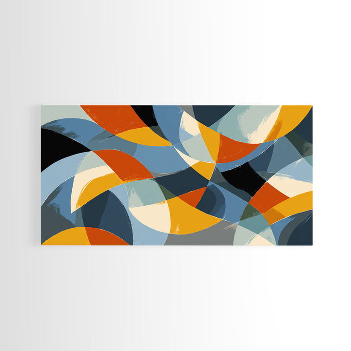 Blue Orange And Golden Crescent Geometry Wall Art, Midcentury Modern Abstract Art Print, Retro MCM Decor For Office And Home