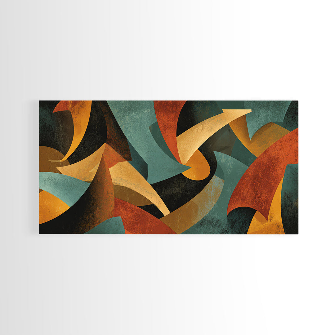 Burnt Orange Teal And Black Sweeping Forms Framed Canvas Print, Midcentury Modern Wall Art, Abstract Retro Decor For Living Room