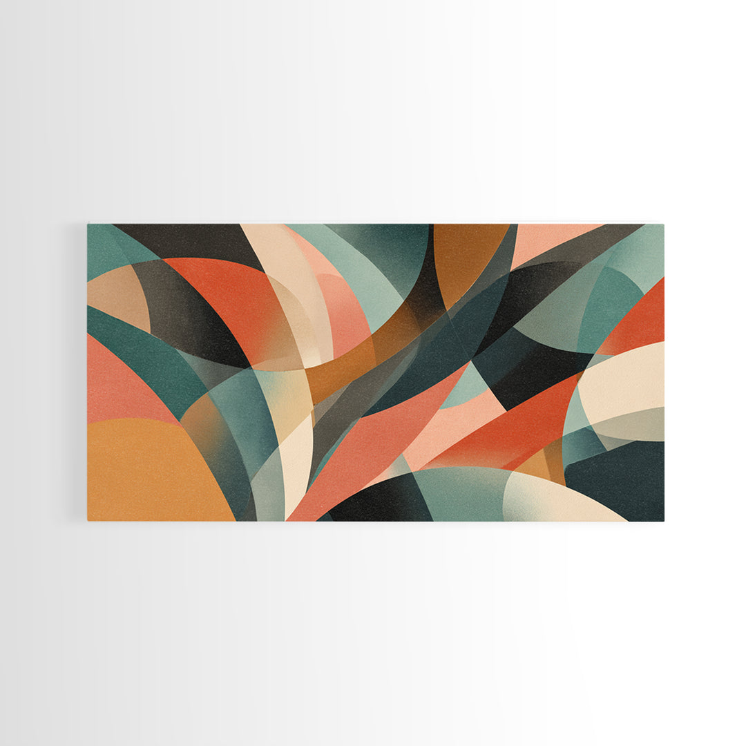 Coral Teal Rust And Cream Layered Curves Wall Art, Midcentury Modern Abstract Art Print, Retro Geometric Home Decor For Bedroom