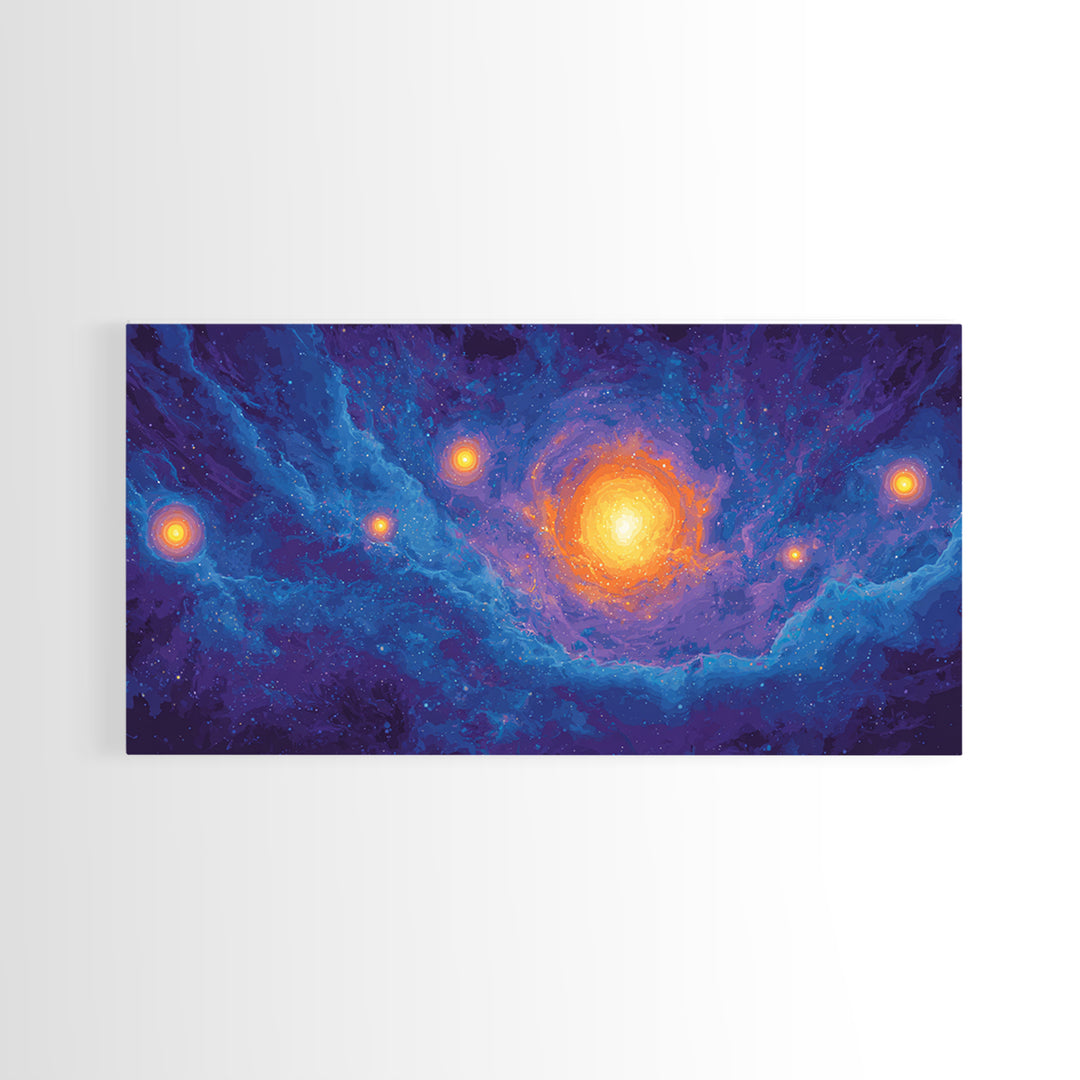 Glowing Blue Galaxy Nebula With Orange Stars Wall Art, Modern Abstract Art Print, Cosmic Retro Poster, Living Room Decor