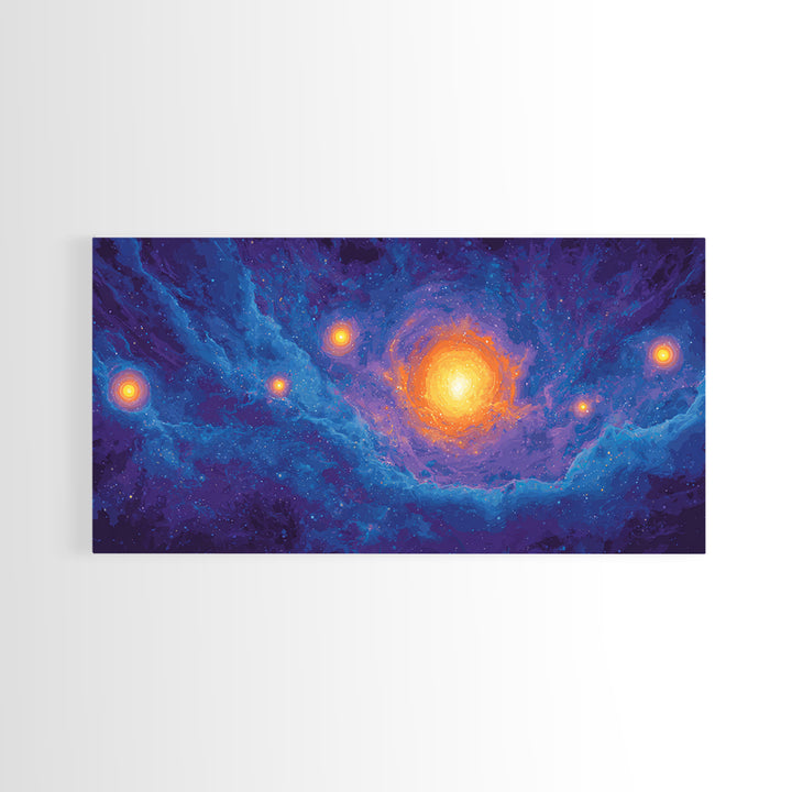 Glowing Blue Galaxy Nebula With Orange Stars Wall Art, Modern Abstract Art Print, Cosmic Retro Poster, Living Room Decor