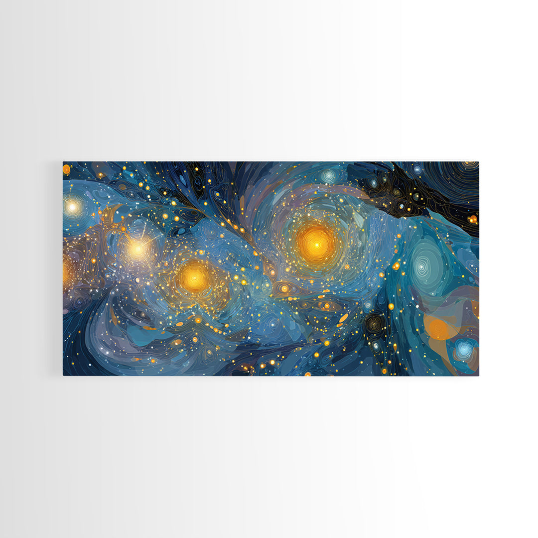 Swirling Starry Blue And Gold Galaxy Framed Canvas Print, Modern Wall Art, Abstract Poster, Celestial Living Room Decor Prints