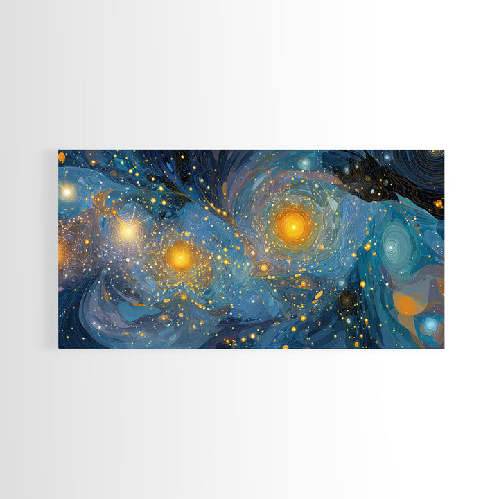Swirling Starry Blue And Gold Galaxy Framed Canvas Print, Modern Wall Art, Abstract Poster, Celestial Living Room Decor Prints