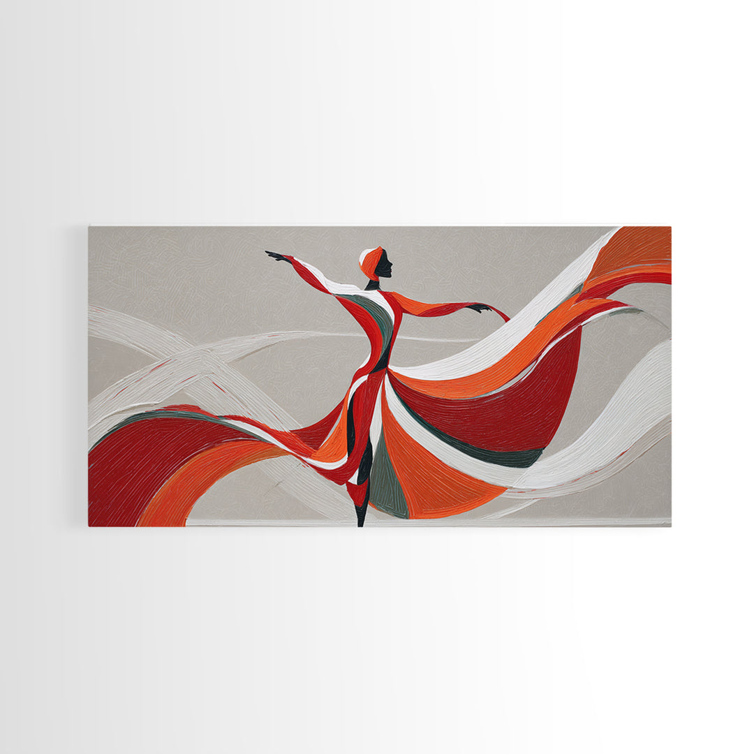 Flowing Red Orange Dancer With Ribbon Framed Canvas Print, Modern Wall Art, Abstract Painting, Statement Living Room Decor
