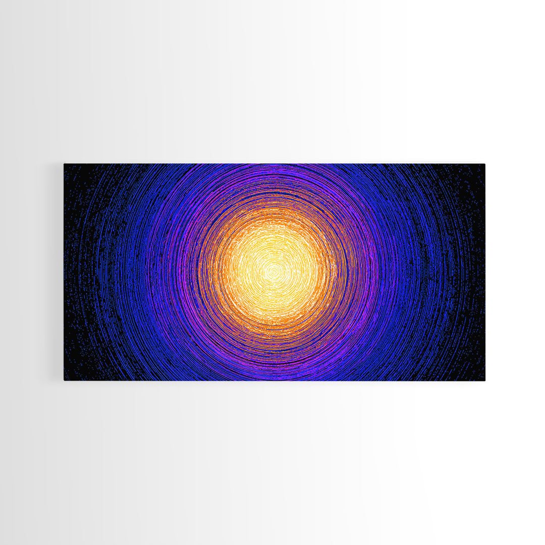 Golden Sun Blue Vortex Canvas Print, Cosmic Abstract Wall Art, Modern Retro Poster, Vibrant Space Decor For Living Room Or Office