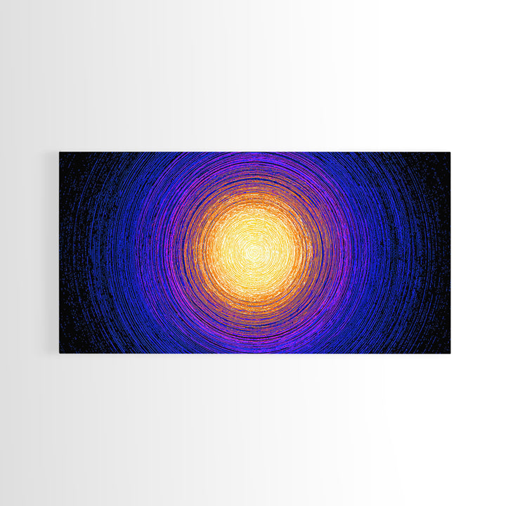 Golden Sun Blue Vortex Canvas Print, Cosmic Abstract Wall Art, Modern Retro Poster, Vibrant Space Decor For Living Room Or Office