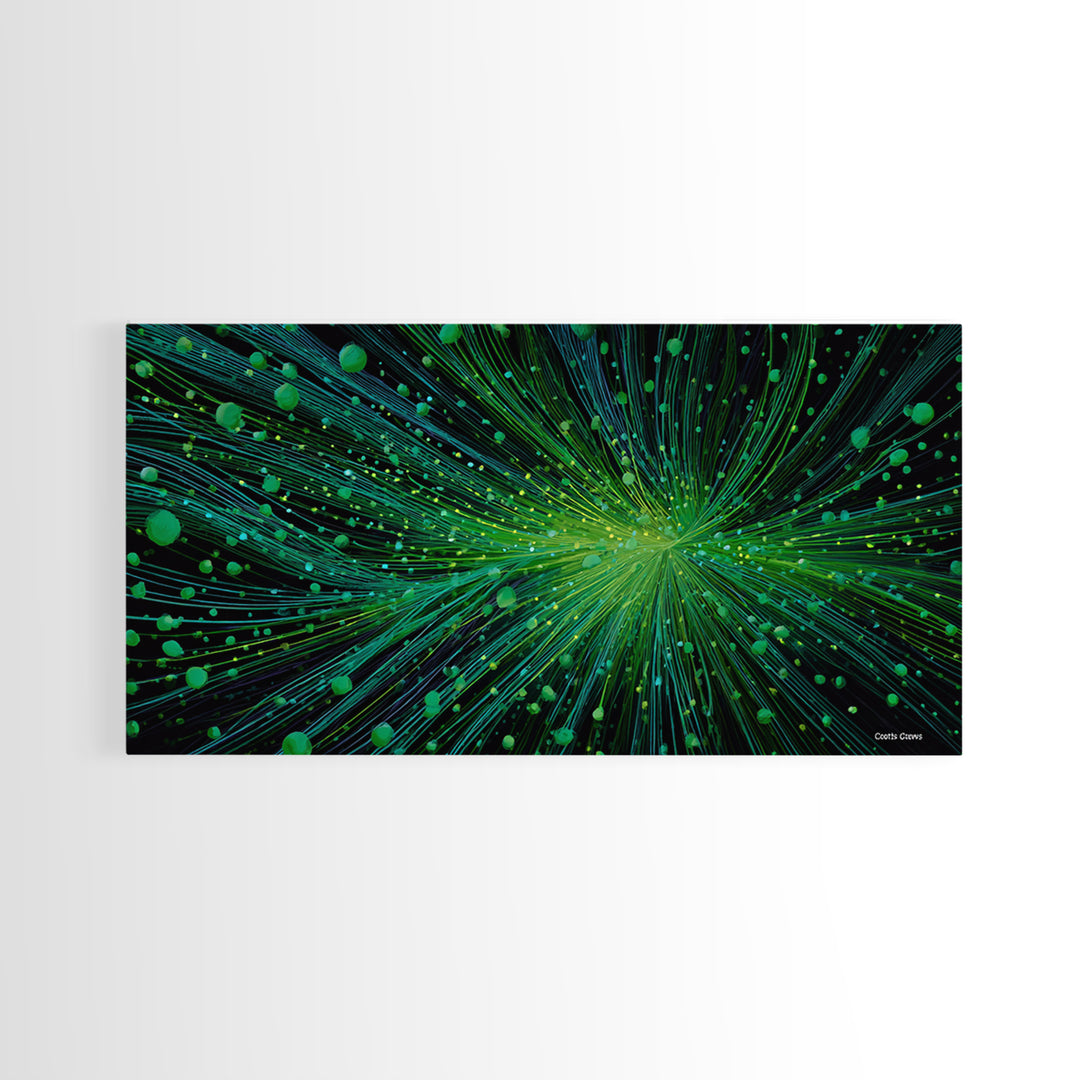 Green Particle Burst Canvas Print, Abstract Energy Lines Wall Art, Modern Digital Artwork, Sci Fi Poster For Home Office Decor