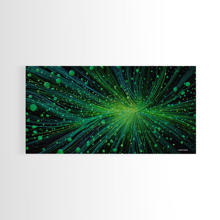 Green Particle Burst Canvas Print, Abstract Energy Lines Wall Art, Modern Digital Artwork, Sci Fi Poster For Home Office Decor