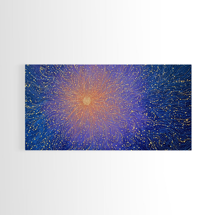 Golden Starburst Blue Wave Wall Art, Cosmic Abstract Digital Print, Modern Wall Decor, Vibrant Space Poster For Living Room