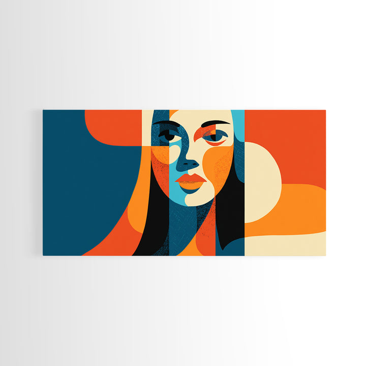 Geometric Woman Face Canvas Print, Midcentury Modern Abstract Art, Orange Teal Wall Decor, Retro MCM Home Decor Poster Gift