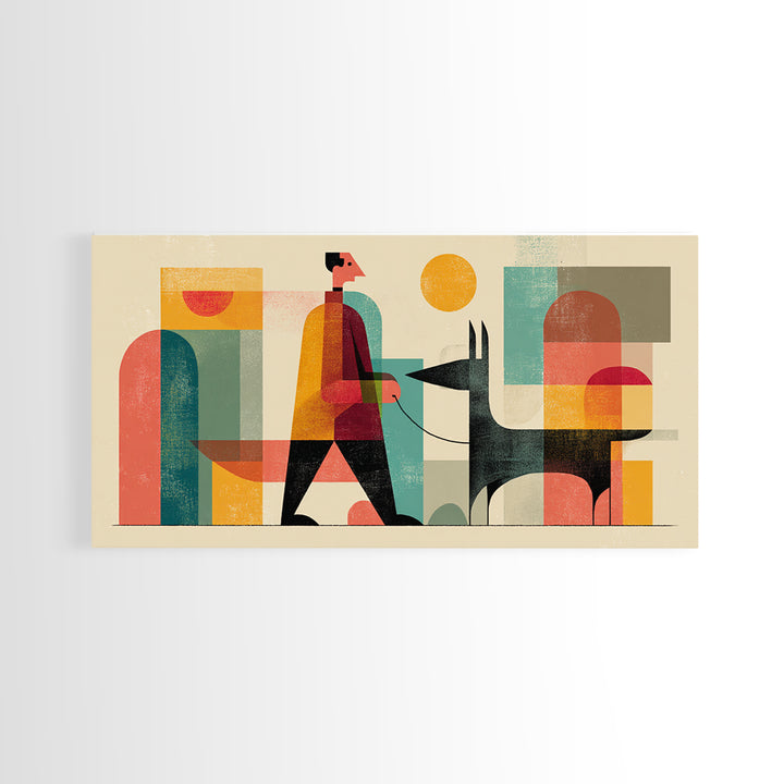 Man Walking Black Dog Wall Art, Midcentury Modern Illustration, Retro Abstract Shapes, Colorful Home Decor Canvas Print Gift