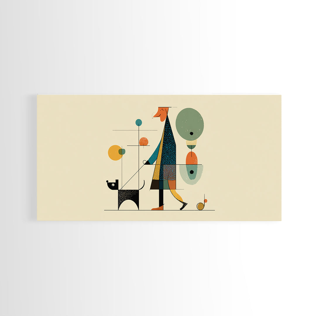 Whimsical Dog Walker Canvas Print, Midcentury Modern Minimal Art, Atomic MCM Wall Decor, Scandinavian Home Art Print Poster