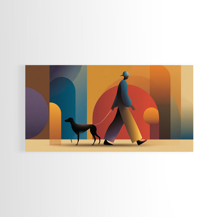 Sunset Dog Walker Framed Canvas Print, Midcentury Modern Wall Art, Retro Arches Decor, Warm Orange Living Room Print Poster