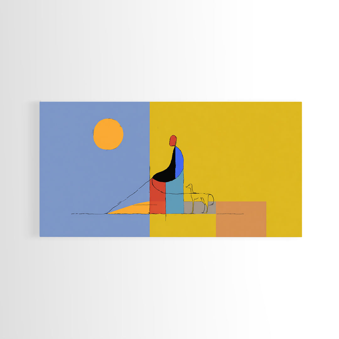 Minimal Yellow Blue Dog Walker Wall Art, Midcentury Modern Abstract Print, Scandinavian Decor, Geometric Home Art Poster