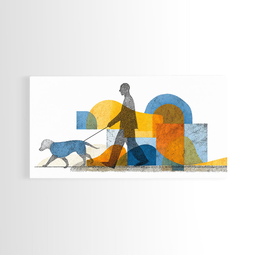Silhouette Dog Walker Canvas Print, Midcentury Modern Wall Art, Blue Orange Geometric Decor, Minimalist Living Room Art Poster