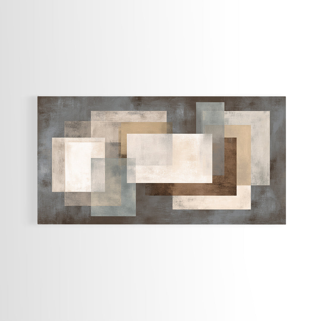 Neutral Beige Gray Layered Rectangles Framed Canvas Print, Modern Abstract Wall Art, Minimalist Living Room Home Decor Print
