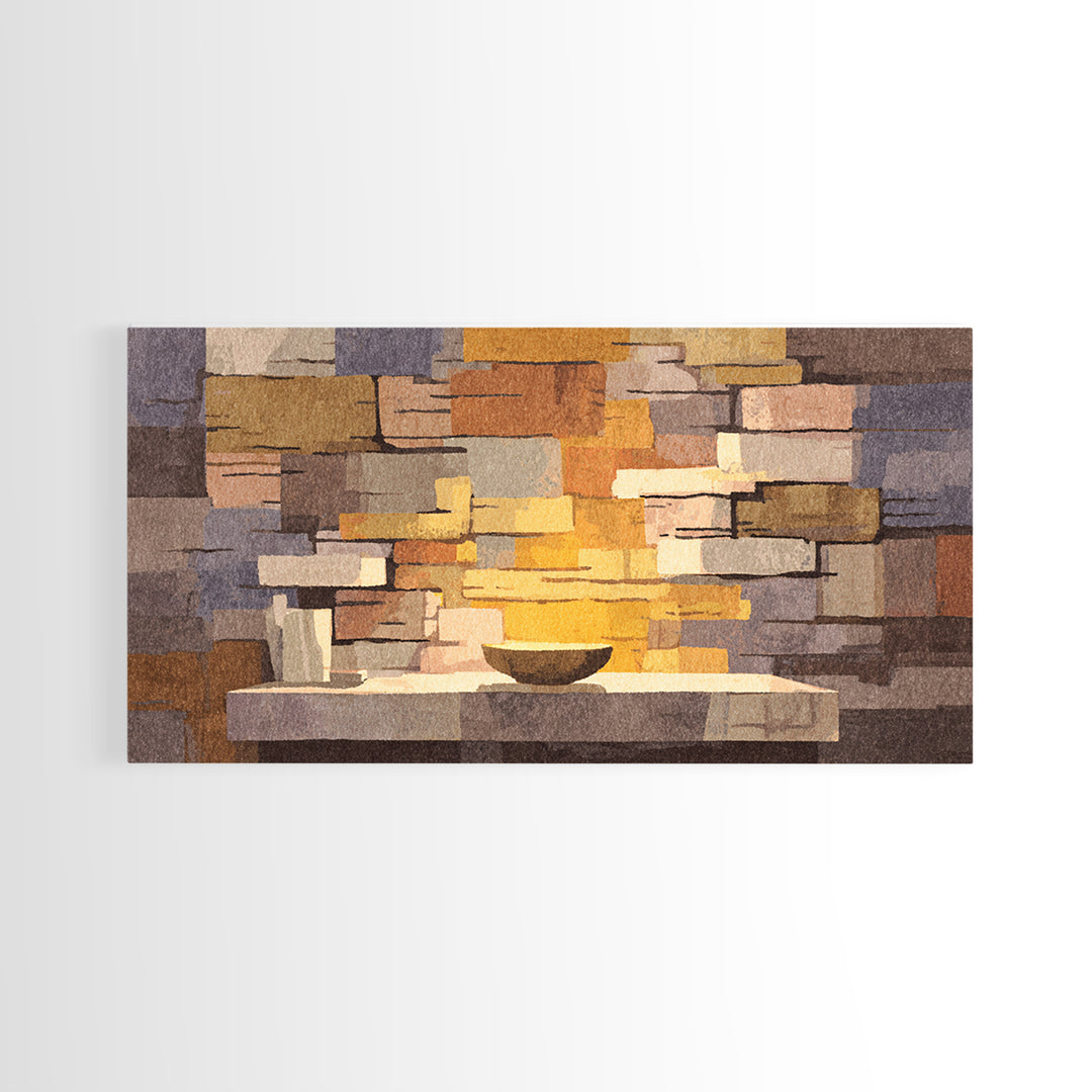 Abstract Stone Fireplace Wall Art, Midcentury Modern Home Decor, Warm Geometric Canvas Print, Cozy Living Room Artwork Poster