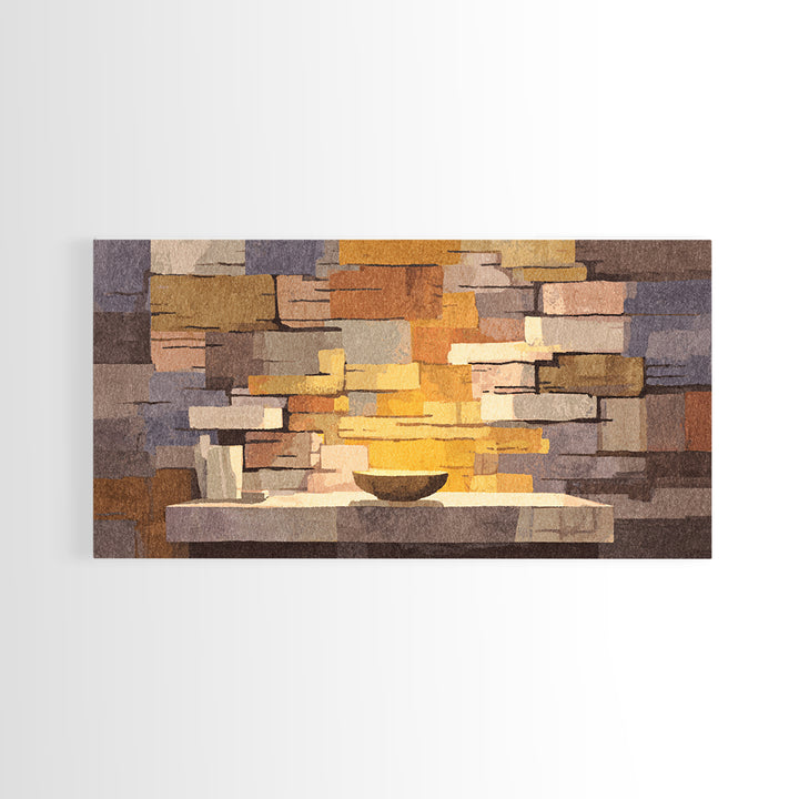 Abstract Stone Fireplace Wall Art, Midcentury Modern Home Decor, Warm Geometric Canvas Print, Cozy Living Room Artwork Poster