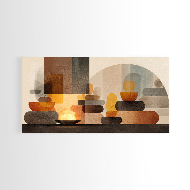 Warm Stacked Abstract Shapes With Arches, Midcentury Modern Wall Art, Earth Tone Retro Decor, Large Canvas Print, Living Room Home Decor
