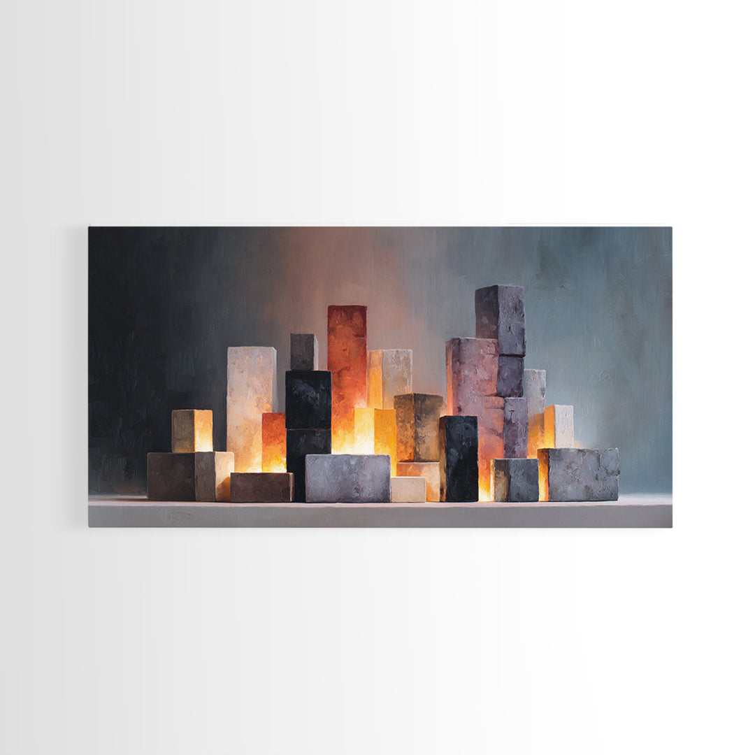 Glowing Stone Block Skyline At Dusk, Framed Canvas Print, Modern Abstract Art, Office Wall Decor, Neutral Home Decor, Living Room Art
